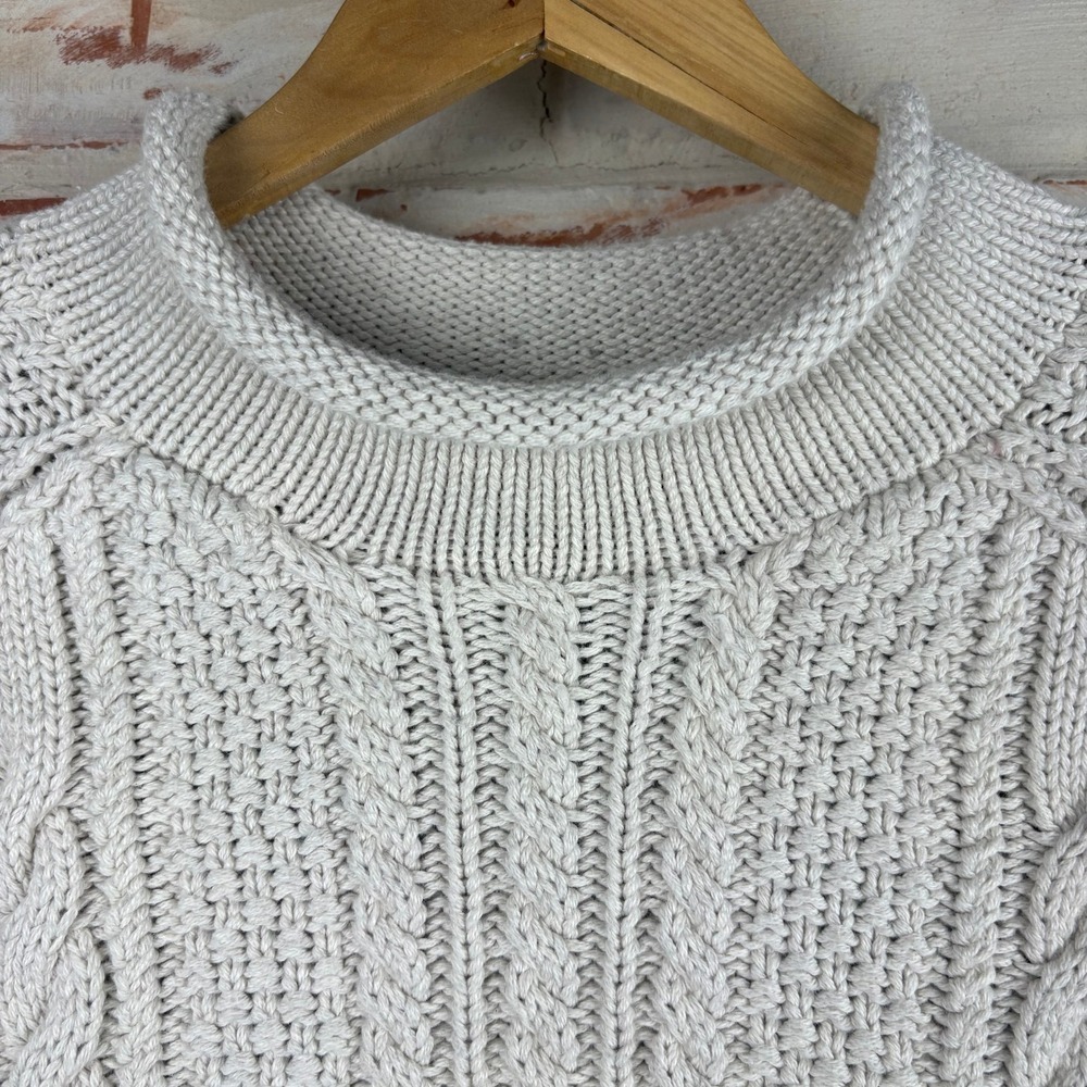 J.Crew Always Oatmeal Cotton Cable Knit Fisherman Sweater Chunky Mock Neck L - Picture 4 of 9